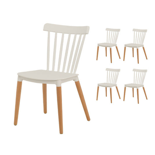 Lot de 4 chaises style scandinave à barreaux modèle POP - Coque en résine blanche et pieds en bois naturel