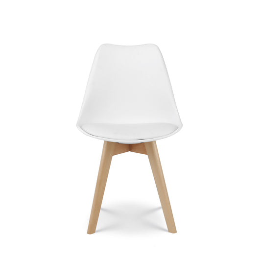 Lot de 4 Chaises Blanches Style scandinave modèle VICTOIRE - Coque en résine Blanche Rembourrée et Pieds en Bois Naturel