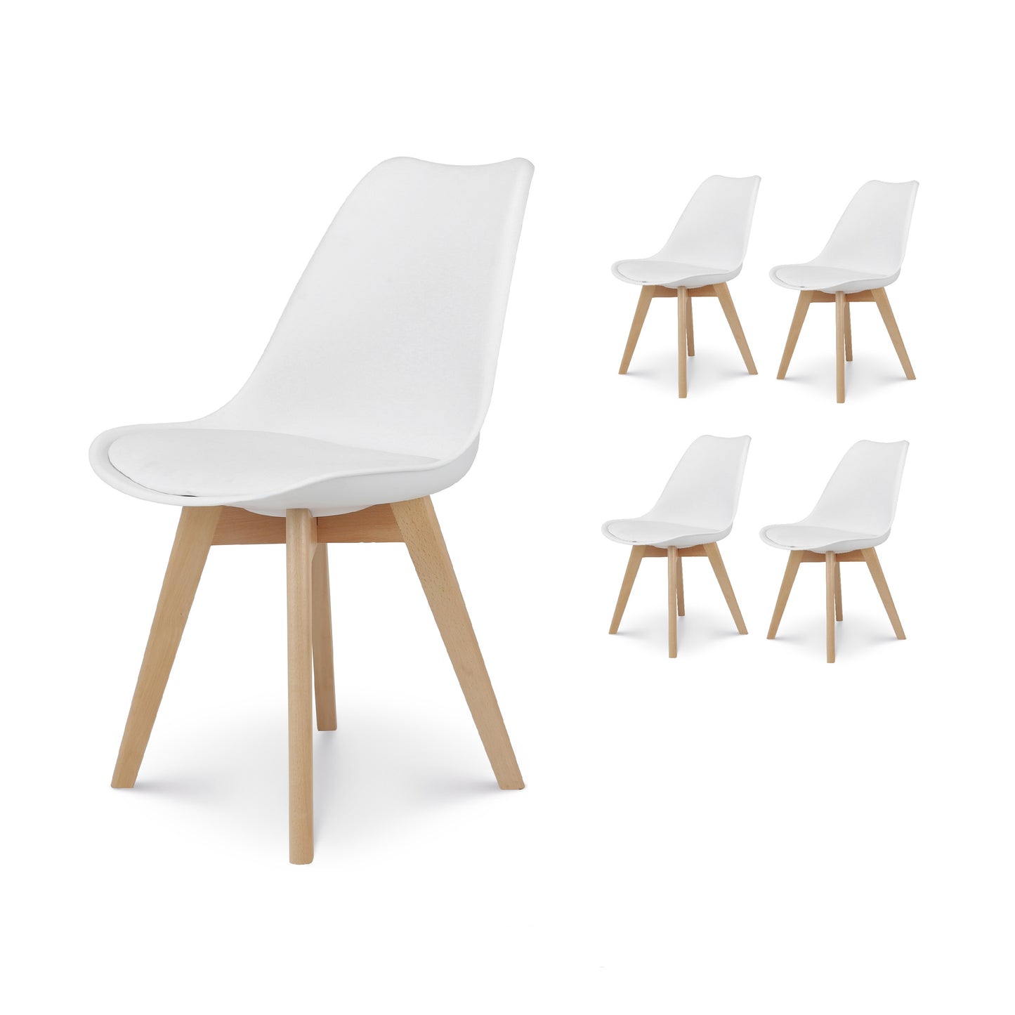 Lot de 4 Chaises Blanches Style scandinave modèle VICTOIRE - Coque en résine Blanche Rembourrée et Pieds en Bois Naturel