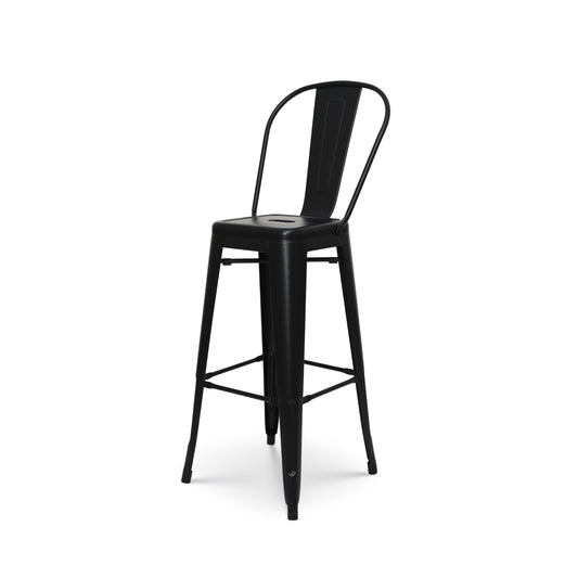 Lot de 4 tabourets de bar en métal noir mat style industriel - Avec dossier haut - Hauteur 76 cm