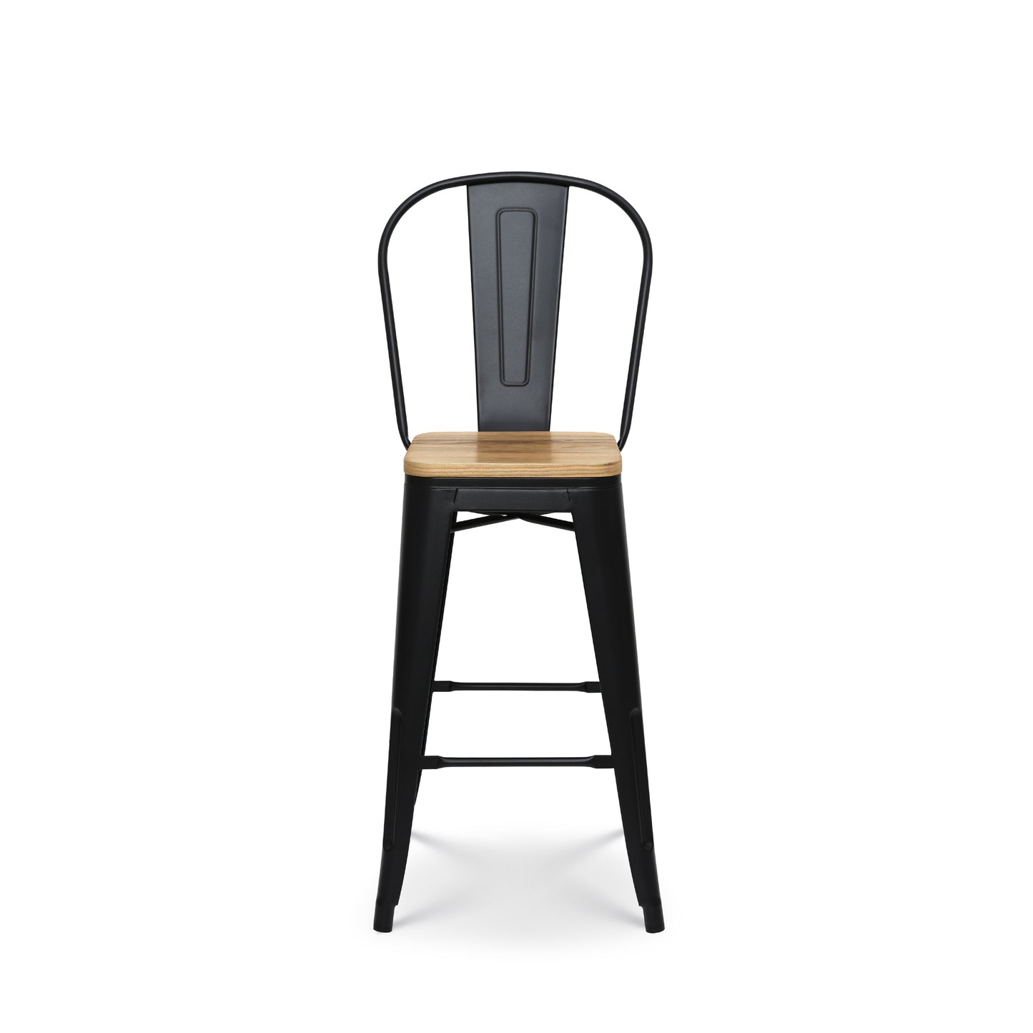 Tabouret de bar en métal noir mat style industriel avec dossier haut et assise en bois clair - Hauteur 66cm