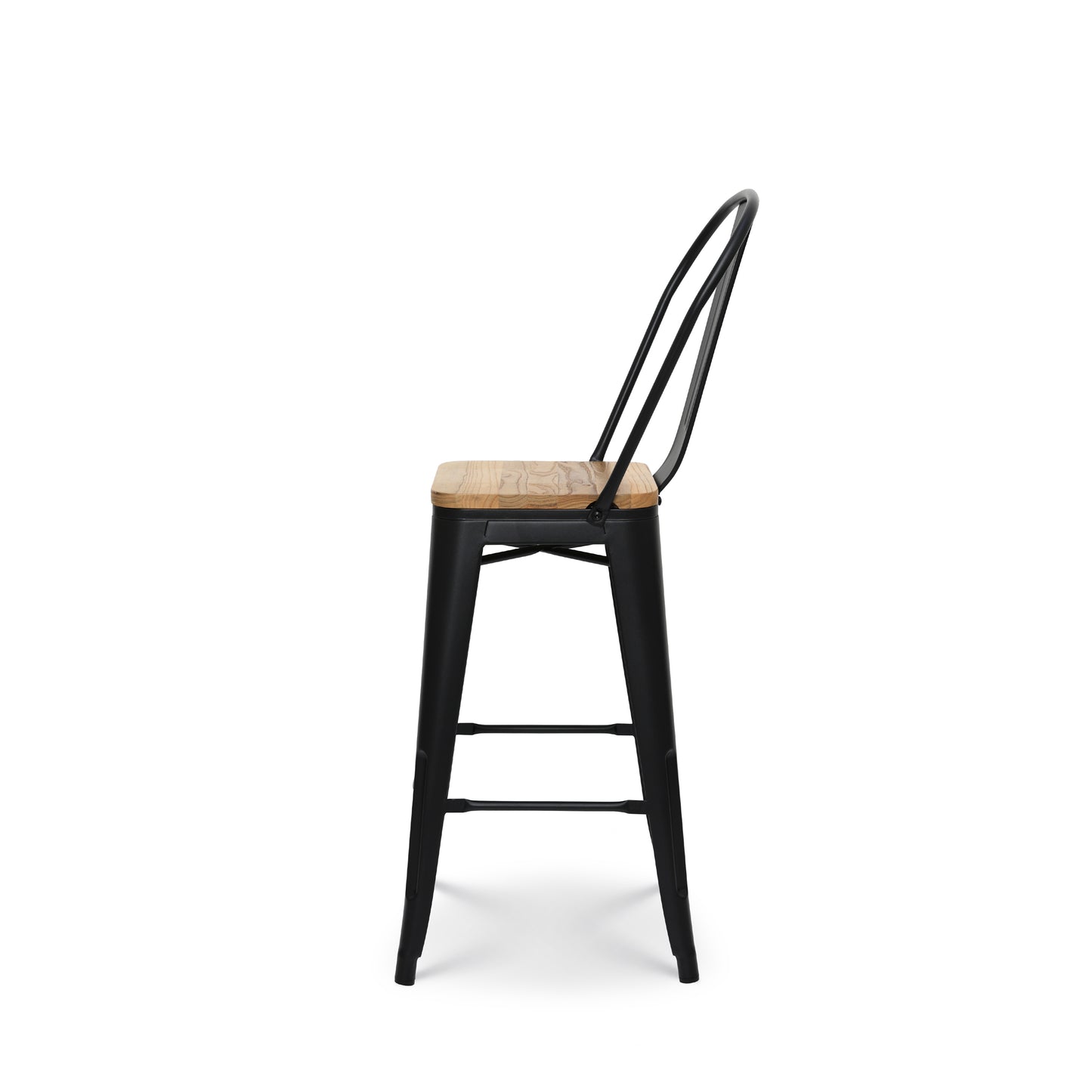 Tabouret de bar en métal noir mat style industriel avec dossier haut et assise en bois clair - Hauteur 66cm