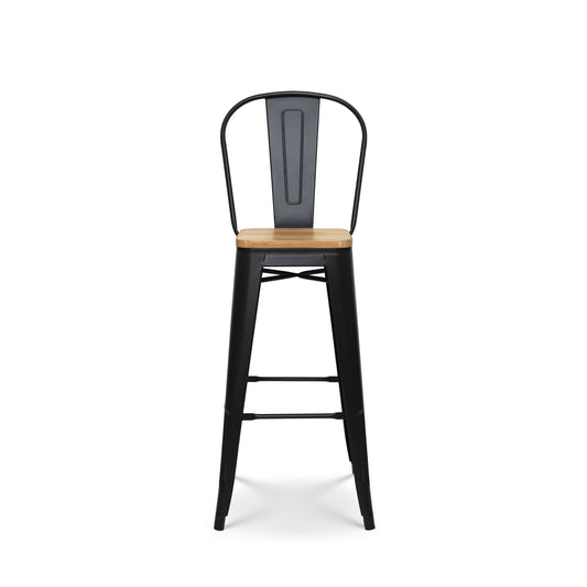 Tabouret de bar en métal noir mat style industriel avec dossier haut et assise en bois clair - Hauteur 76 cm