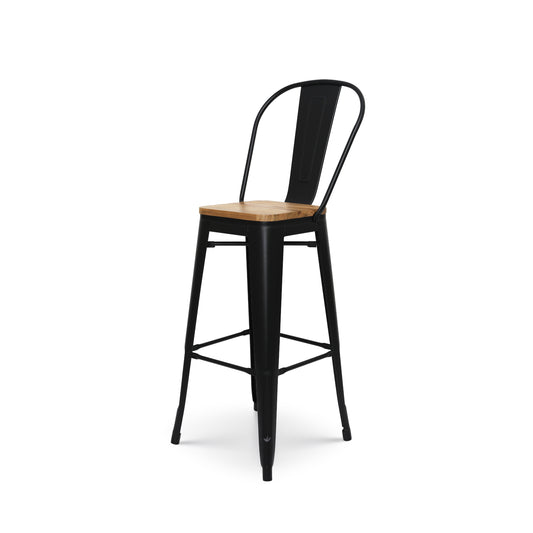 Tabouret de bar en métal noir mat style industriel avec dossier haut et assise en bois clair - Hauteur 76 cm