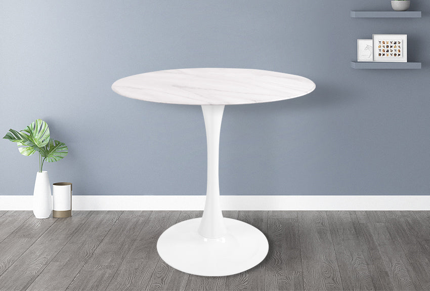 Table ronde en verre design avec plateau style marbre blanc