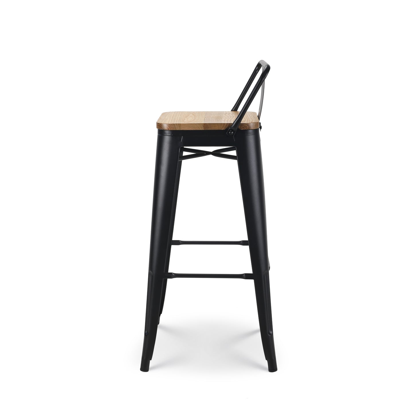 Tabouret de bar en métal noir mat style industriel avec dossier et assise en bois clair - Hauteur 76 cm