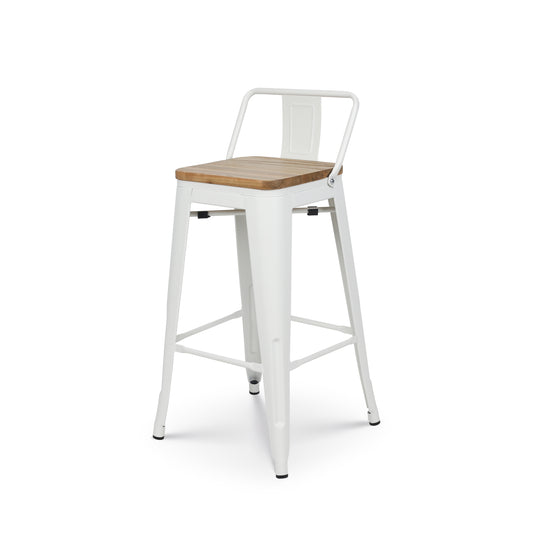 Lot de 4 tabourets en métal blanc mat style industriel avec dossier et assise en bois clair - Hauteur 66cm