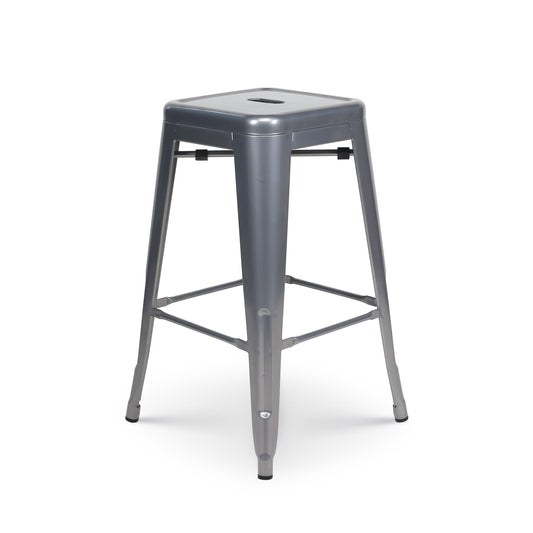 Tabouret de bar en métal gris argenté brillant style industriel - Sans dossier - Hauteur 66 cm