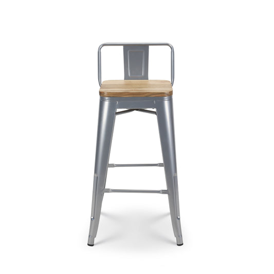 Tabouret de bar en métal gris argenté style industriel avec dossier et assise en bois clair - Hauteur 66 cm