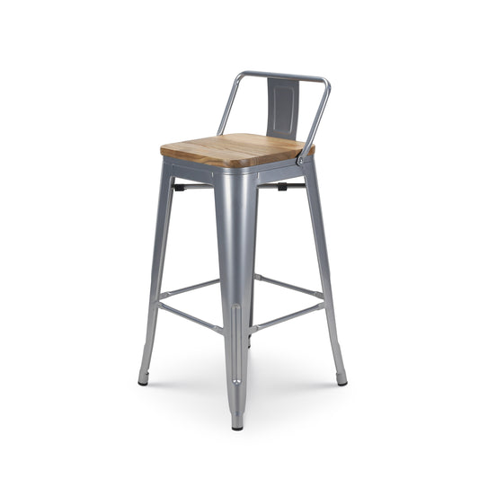 Tabouret de bar en métal gris argenté style industriel avec dossier et assise en bois clair - Hauteur 66 cm