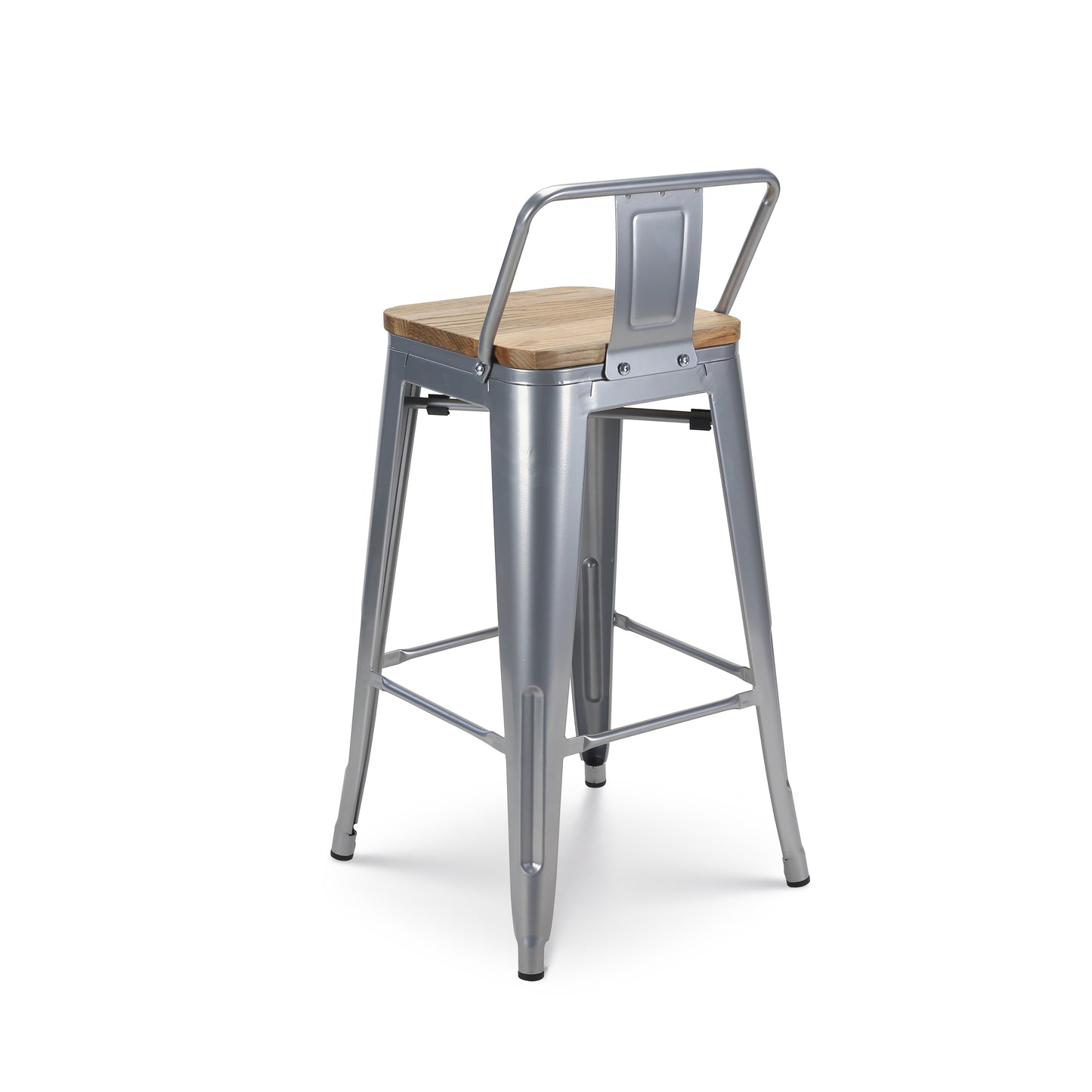 Tabouret de bar en métal gris argenté style industriel avec dossier et assise en bois clair - Hauteur 66 cm