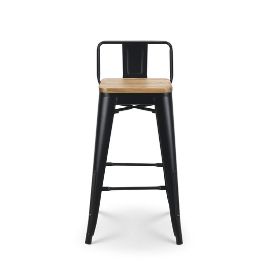 Lot de 4 tabourets de bar en métal noir mat style industriel avec dossier et assise en bois clair - Hauteur 66cm