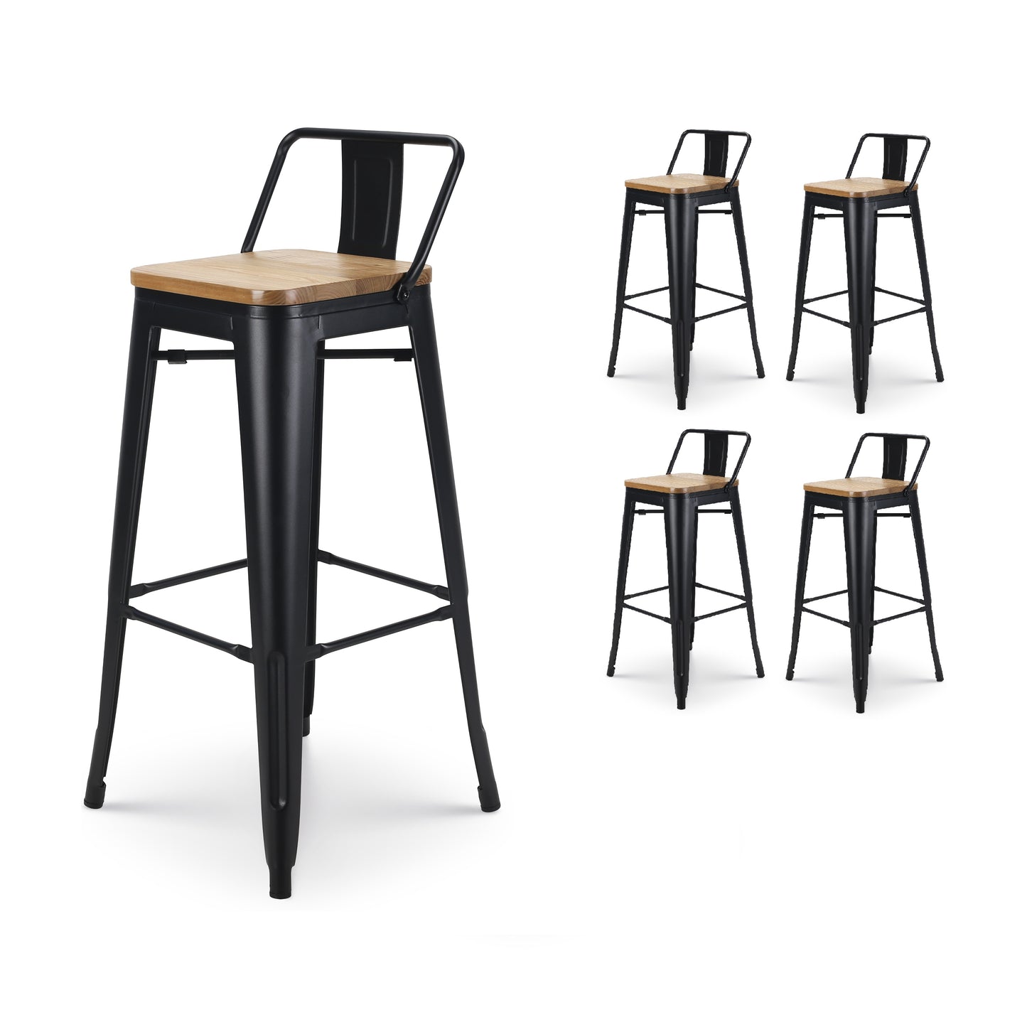 Lot de 4 tabourets de bar en métal noir mat style industriel avec dossier et assise en bois clair - Hauteur 76 cm