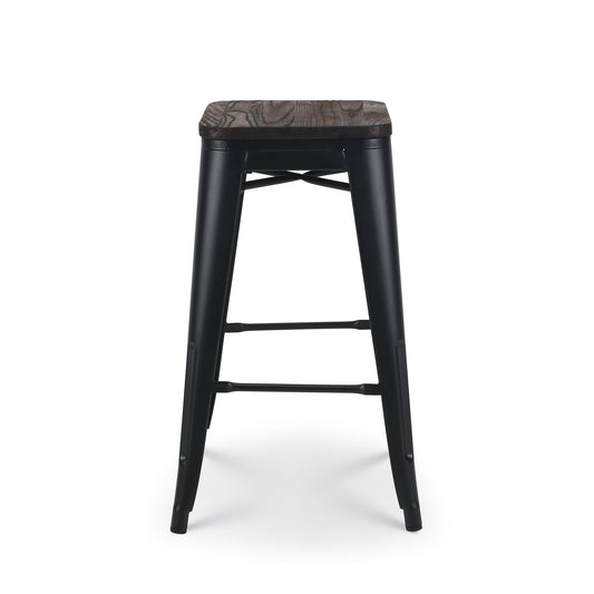 Tabouret de bar en métal noir mat style industriel et assise en bois foncé - Hauteur 66 cm