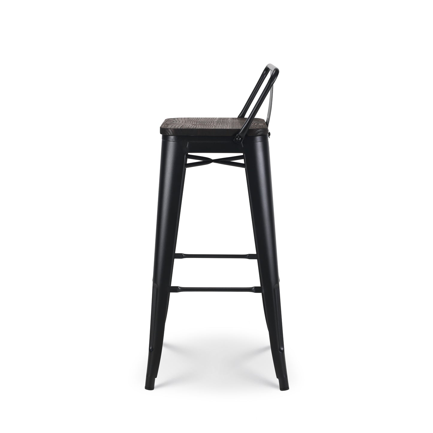 Lot de 4 tabourets de bar en métal noir mat style industriel avec dossier et assise en bois foncé - Hauteur 76 cm