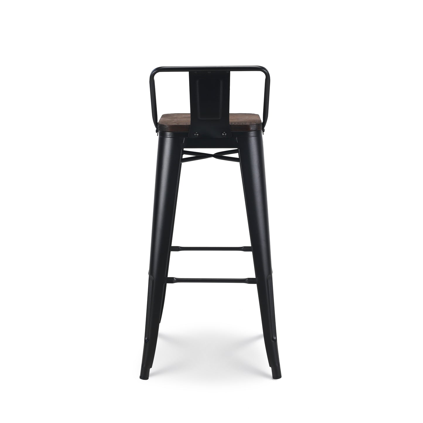 Lot de 4 tabourets de bar en métal noir mat style industriel avec dossier et assise en bois foncé - Hauteur 76 cm