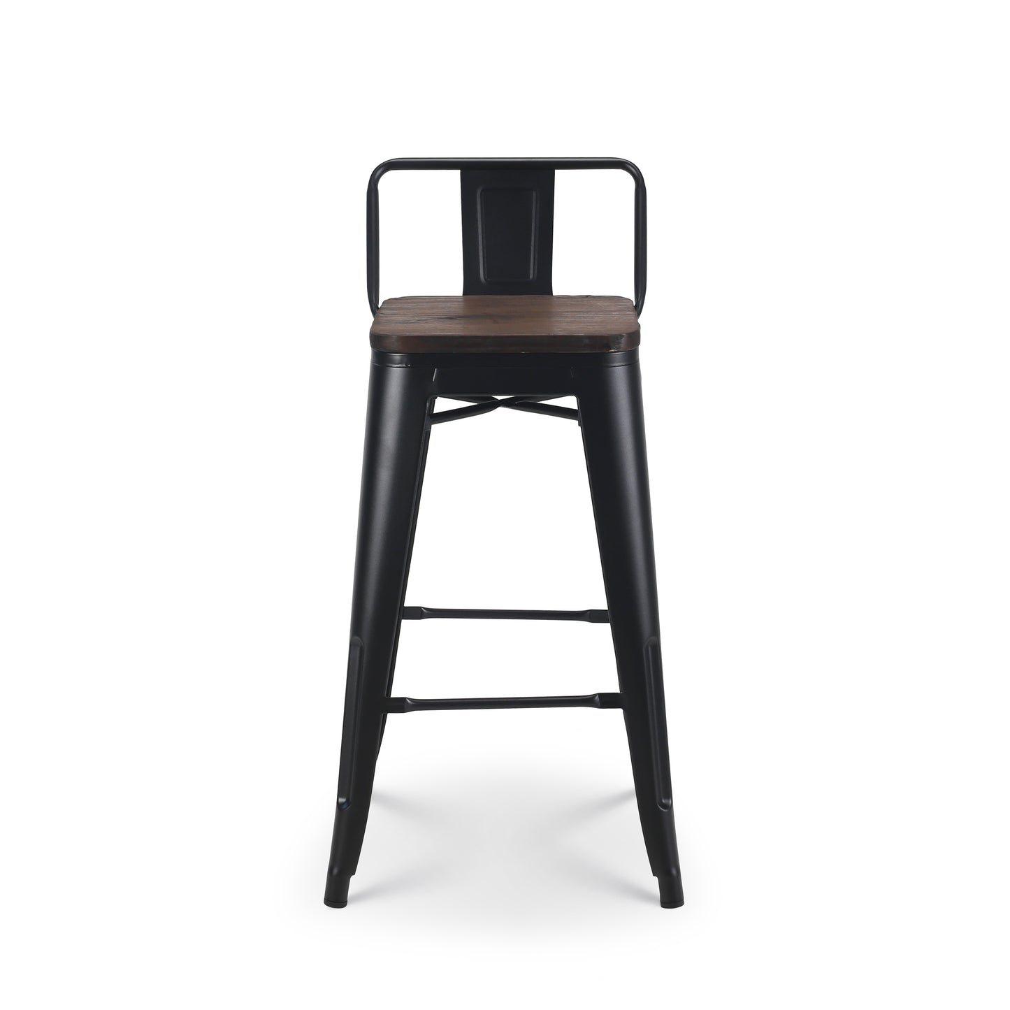 Lot de 4 tabourets de bar en métal noir mat style industriel avec dossier et assise en bois foncé - Hauteur 66cm