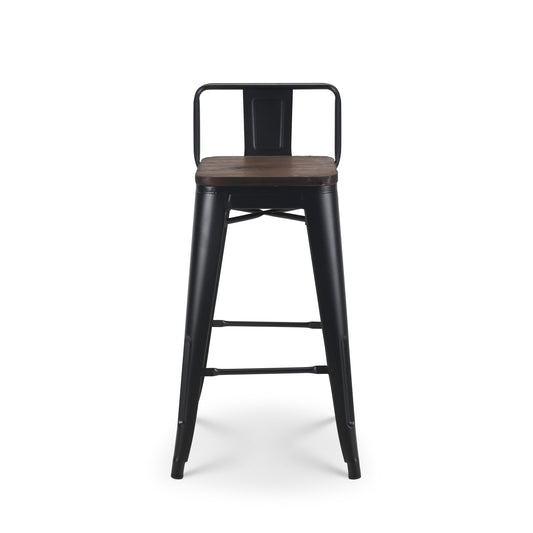 Lot de 4 tabourets de bar en métal noir mat style industriel avec dossier et assise en bois foncé - Hauteur 66cm