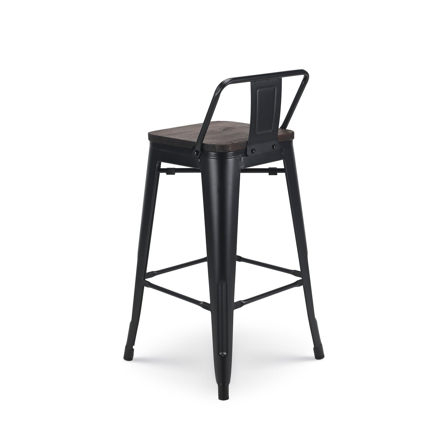 Lot de 4 tabourets de bar en métal noir mat style industriel avec dossier et assise en bois foncé - Hauteur 66cm