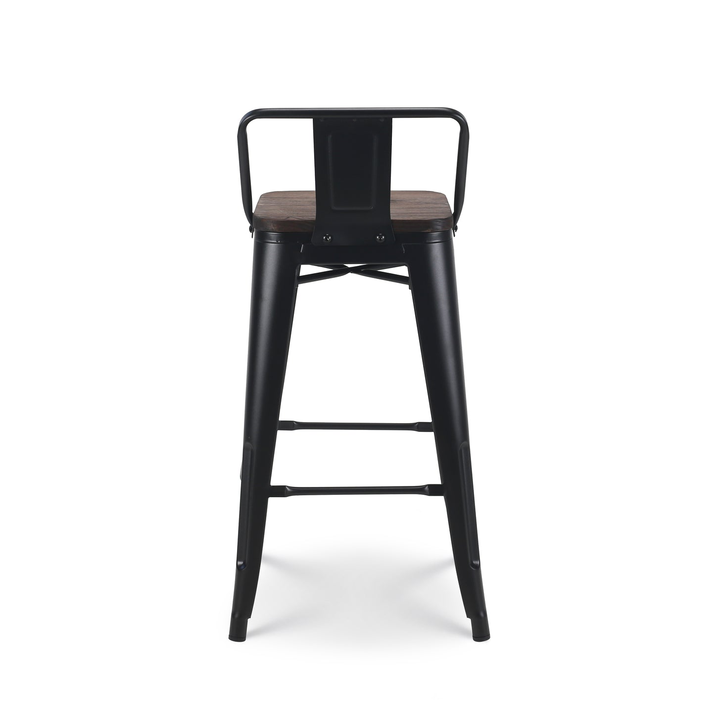 Lot de 4 tabourets de bar en métal noir mat style industriel avec dossier et assise en bois foncé - Hauteur 66cm