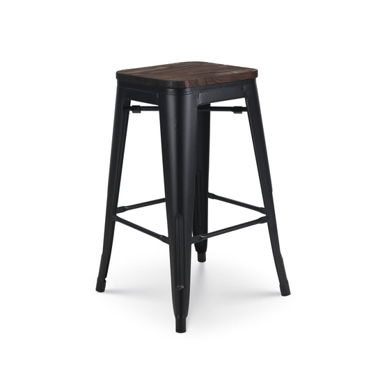 Lot de 4 tabourets de bar en métal noir mat style industriel et assise en bois foncé - Hauteur 66cm