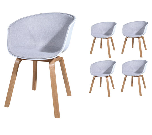 Lot de 4 chaises scandinaves très confortables avec coque en résine blanche revêtue d'un tissu moelleux gris et des pieds bois