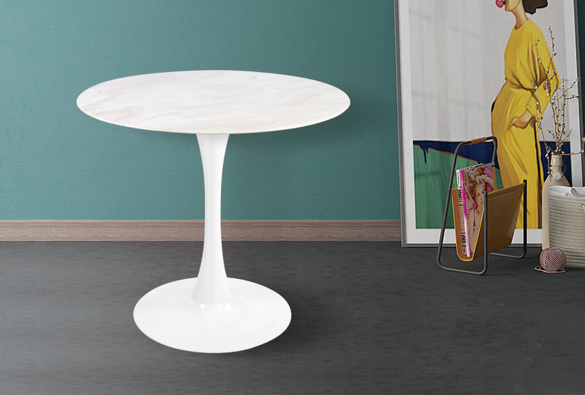 Table ronde en verre design avec plateau style marbre blanc