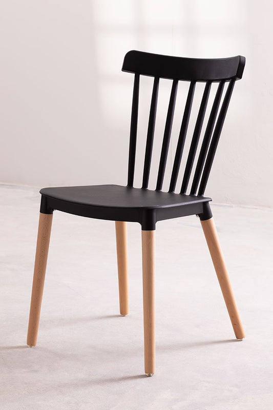 Lot de 4 chaises style scandinave à barreaux modèle POP - Coque en résine noire et pieds en bois naturel