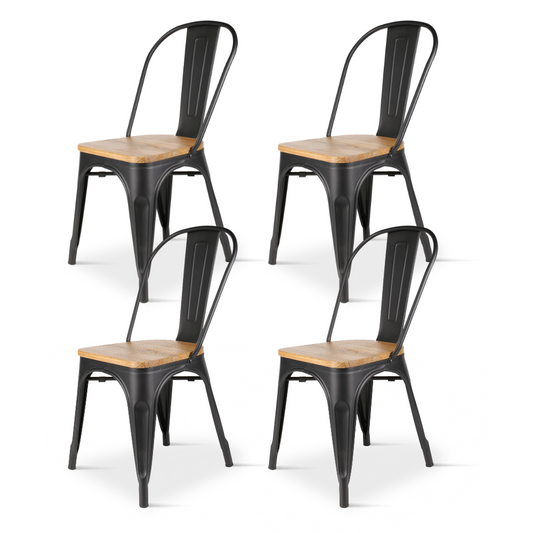 Lot de 4 chaises en métal noir mat et assise en bois clair - Style industriel